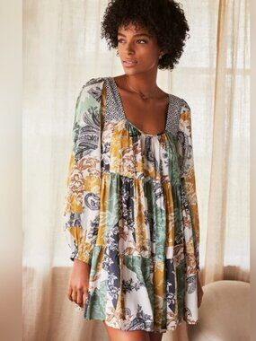 NWoT Anthropologie Tiered Tunic Mini Dress Long Sleeve Modal Mixed Printed